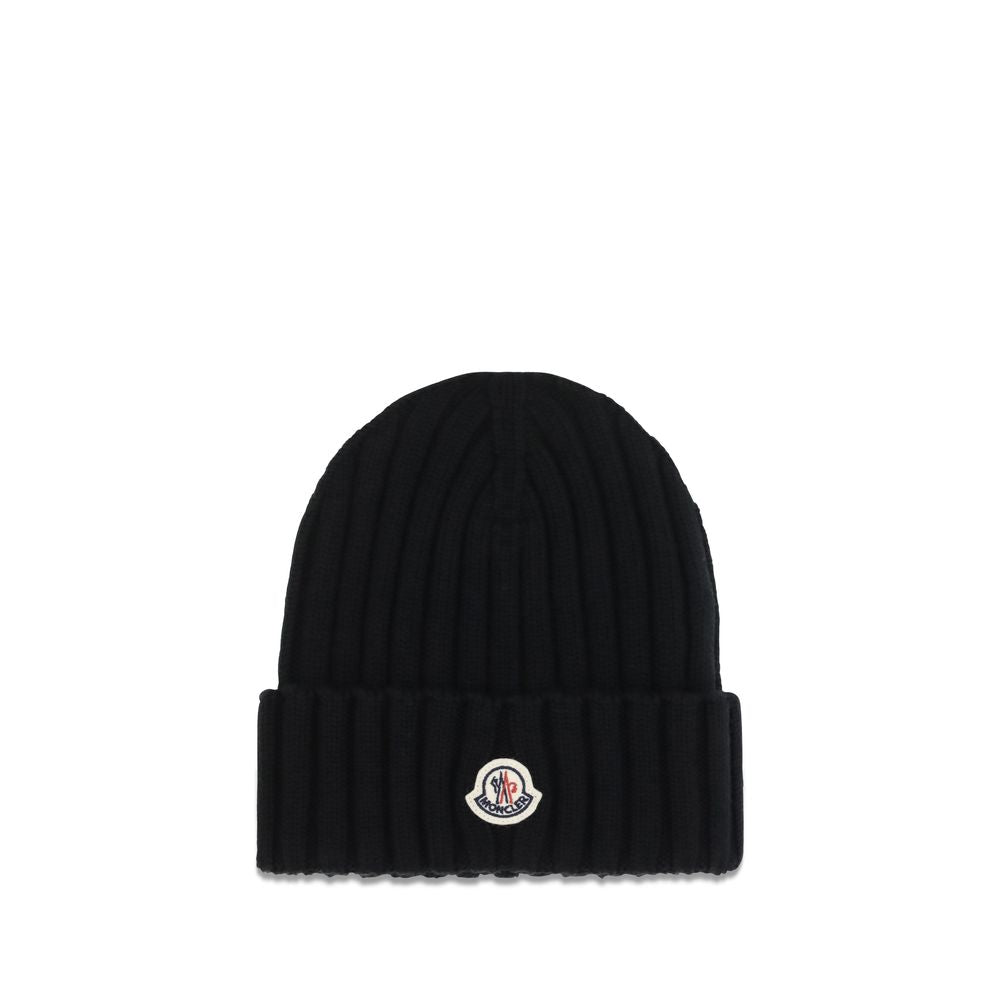 Moncler Ribbad Merinoullmössa med Logotyp Svart